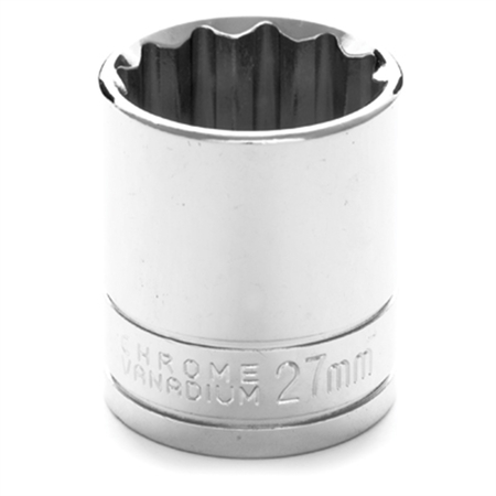 PERFORMANCE TOOL Chrome Socket, 1/2" Drive, 27mm, 12 Point, Shallow W32827